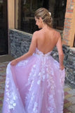 Backless Appliques Pink V Neck Tulle Sweep Train Wedding Dress