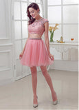 Chic Tulle Jewel Neckline A-Line Two-piece Homecoming Dresses With Lace Appliques