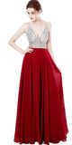 Red Deep V-neck Beaded Jewelry Prom Dress