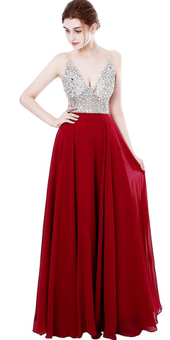 Red Deep V-neck Beaded Jewelry Prom Dress
