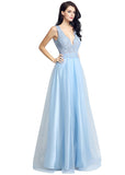 Fabulous Tulle & Lace V-neck Neckline Cut-out Floor-length A-line Evening Dresses