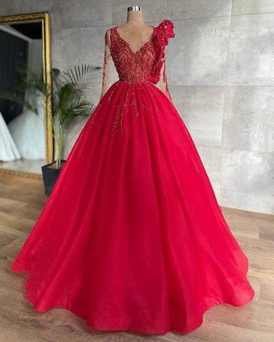 Red Long Sleeve V Neck Beading Flower Tulle Prom Formal Dress