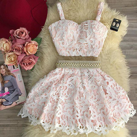 Two Piece  Mini/Short Pink Lace Homecoming Dress