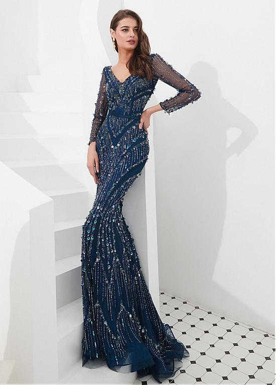 V-Neck Lace Applique Mermaid Light Blue Satin Long Prom Dress