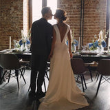 Backless Beach Satin Long Simple V-neck Wedding Dress