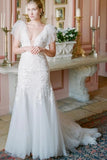 V Neck Tulle Backless Appliques Cap Sleeve Mermaid Wedding Dress