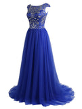 Beaded Tulle Cap Sleeves Long Prom Dress