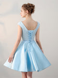 Blue Lace Pearls Cap Sleeves Mini Homecoming Dress