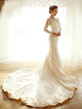 Lace Appliques Long Sleeves Long Train Mermaid Wedding Dress