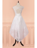 Cap Sleeves High Low White Lace Sheer Short Wedding Dress