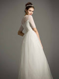 Tulle Short Sleeves A-Line Pearls Beading Wedding Dress