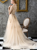 Beading A-Line Half Sleeves Scoop Lace Court Train Evening Dress