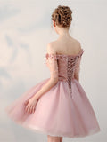 Pink Lace Half Sleeves Short Homecoming Dress
