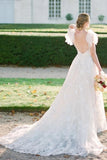 V Neck Tulle Backless Appliques Cap Sleeve Mermaid Wedding Dress