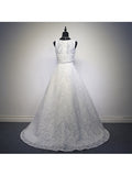 A-Line Embroidery Scoop Lace Sweep Train Prom Dress