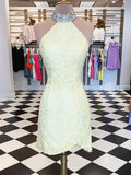 Short Backless Yellow Lace Backless Sheath Column Homecoming Dress