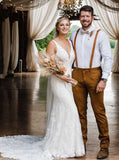 V Neck Open Back Lace Mermaid Backless Wedding Dress