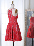Round Neck Short Red Lace Homecoming Dress