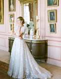 V Neck Tulle Backless Appliques Cap Sleeve Mermaid Wedding Dress