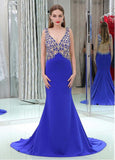 Tulle & Linen V-neck Neckline Cut-out Mermaid Prom Dresses With Beadings