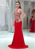 Linen Halter Neckline Cut-out Mermaid Evening Dresses With Lace Appliques & Hot Fix Rhinestones
