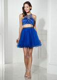 Unique Tulle Jewel Neckline A-Line Two-piece Short Homecoming Dresses With Beadings