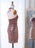 Halter Short Burgundy Sequined Homecoming Dress