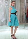 Chiffon Halter Neckline Knee-length A-line Cocktail Dresses With Handmade Flowers & Belt