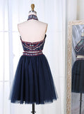 Two Piece Navy Blue Embroidery Homecoming Dress