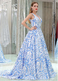 Floral Cloth V-neck Neckline Floor-length A-line Formal Dresses