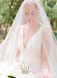 Ruffles Back Sheath Column V Neck Satin Wedding Dress