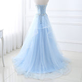 Ice Blue Lace Up Tulle Beaded Long Evening Prom Dresses 