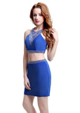 Sexy Lycra & Tulle Jewel Neckline Short-length Sheath Two-piece Cocktail Dresses With Beadings