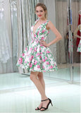 Floral Cloth V-neck Neckline Short Length A-line Homecoming Dresses With Beadings