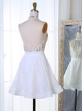 Satin Halter Backless Short White Sequins Homecoming Dress