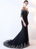 Black Mermaid Off-the-Shoulder Appliques Lace Half Sleeves Court Train Evening Dress