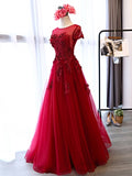 A-Line Cap Sleeves Appliques Pearls Scoop Floor-Length Evening Dress
