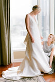 Ruffles Back Sheath Column V Neck Satin Wedding Dress