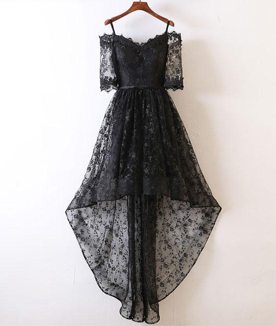 black lace high low prom dress Black Off the Shoulder Lace Applique High Slit Tiered Prom Dress   FancyVestido