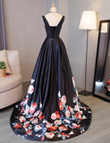 Black Satin Boat Neck Print Prom Dress