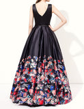 Black V Neck Print Prom Dress