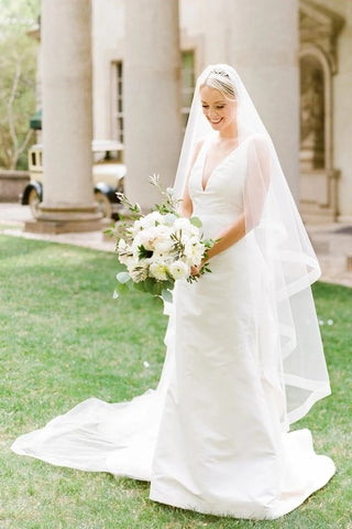 Ruffles Back Sheath Column V Neck Satin Wedding Dress
