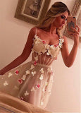 Fashionable Tulle & Organza Spaghetti Straps Neckline See-through A-line Evening Dress With Handmade Flowers