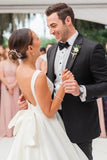 White Satin Scoop Sleeveless Backless Wedding Dress With Bow
