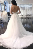 A-Line White Tulle Spaghetti Straps Beading Wedding Dress