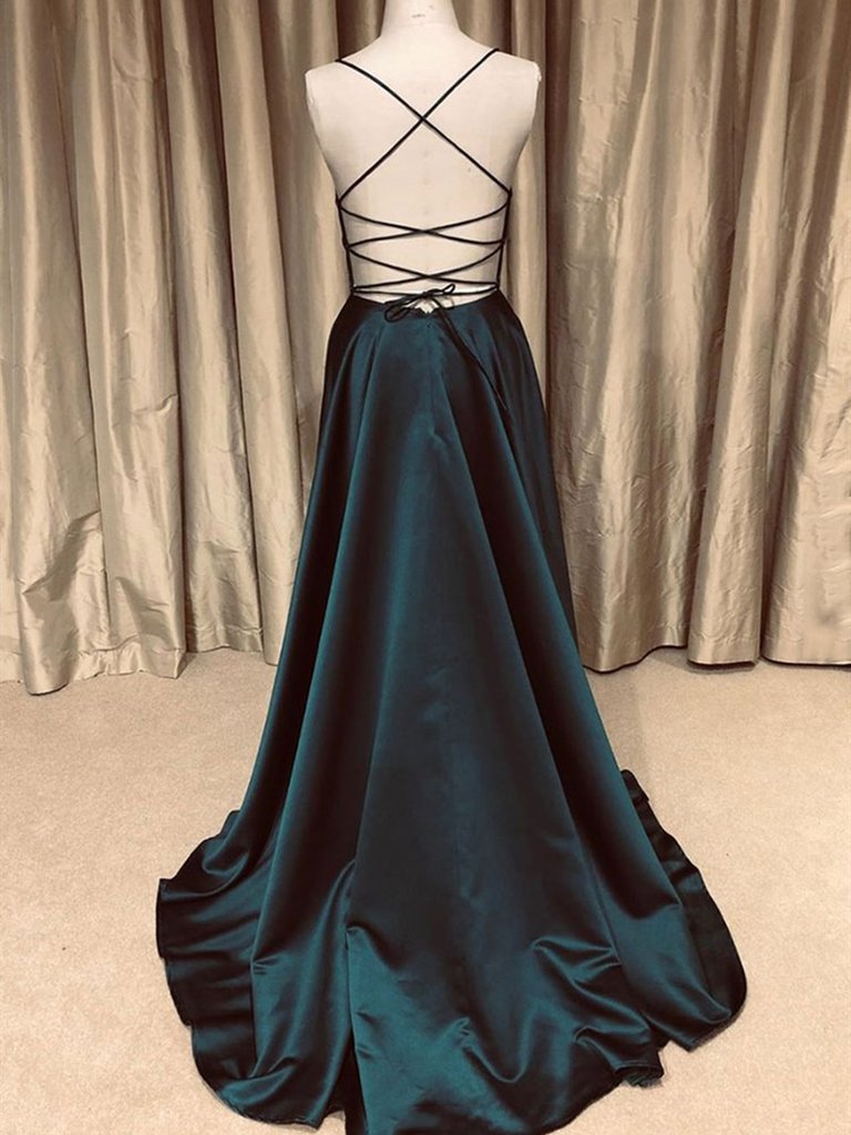 Satin Backless Dark Green A Line V Neck Long Prom Dress Sassymyprom Satin Backless Dark Green A Line V Neck Long Prom Dress Sassymyprom