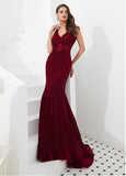 Lace V-neck Burgundy Sequin Mermaid Evening Dress