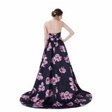 Satin Sleeveless Print Black Prom Dress