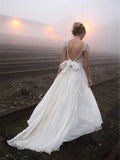 V-neck Floor Length Chiffon Sexy Cap Sleeves Lace Wedding Dress