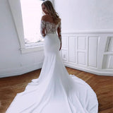 White Mermaid Appliques Satin Long Sleeve Wedding Dress